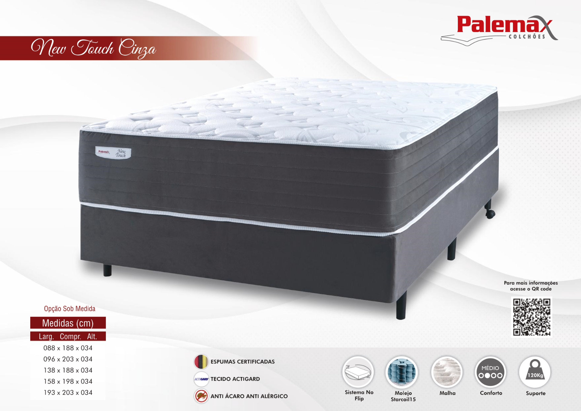 Colchão New Touch Cinza Palemax — Starcoil15 • Médio • Pillow Top