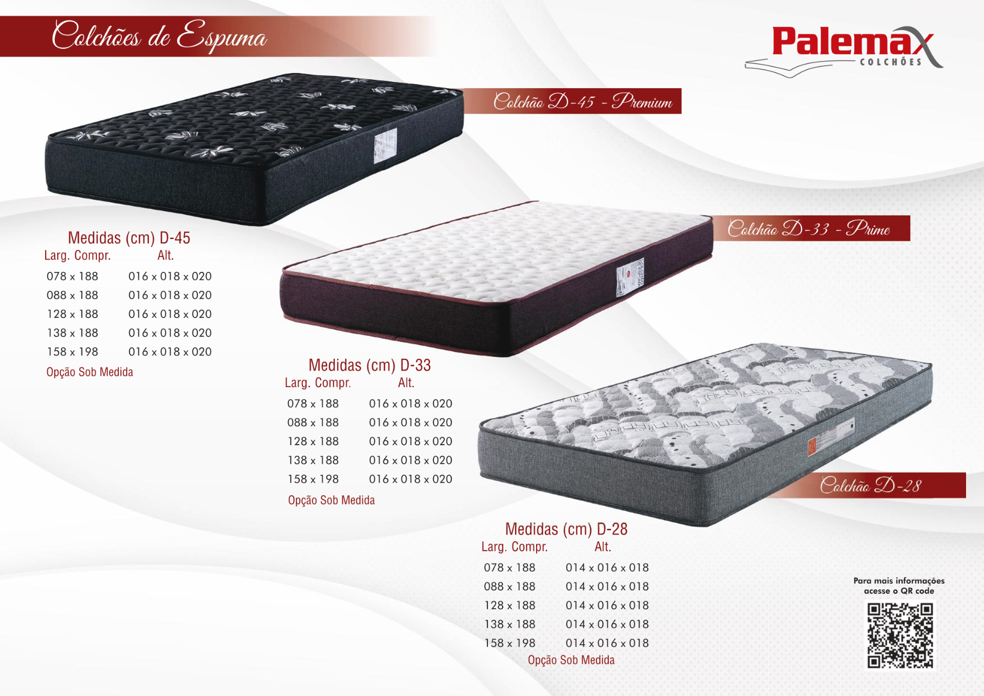 Colchão Linha Espuma D-28 / D-33 / D-45 Palemax — Espuma certificada • Sob medida