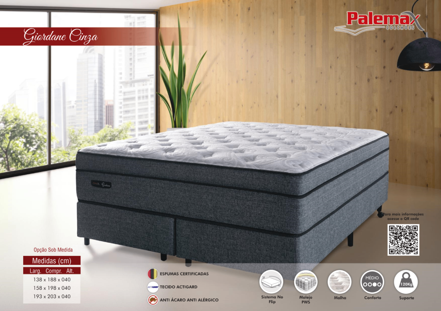 Colchão Giordane Cinza Palemax — Pillow Top • Molejo PWS • Médio