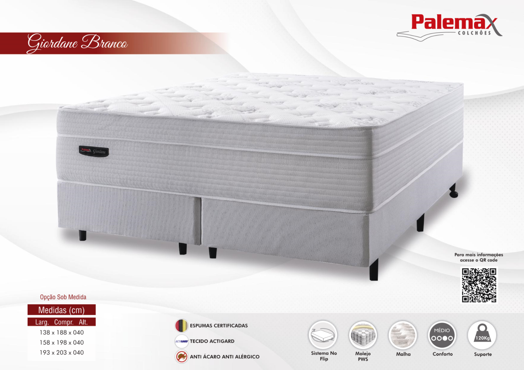 Colchão Giordane Branco Palemax — Pillow Top • Molejo PWS • Médio